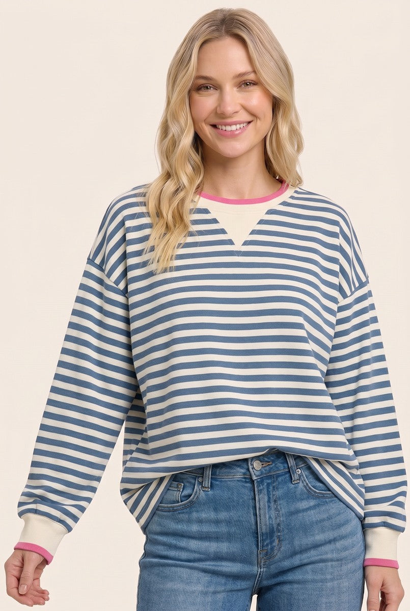 Denim Blue Relaxed Fit Striped Pullover
