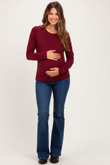 Burgundy Fitted Ribbed Maternity Long Sleeve