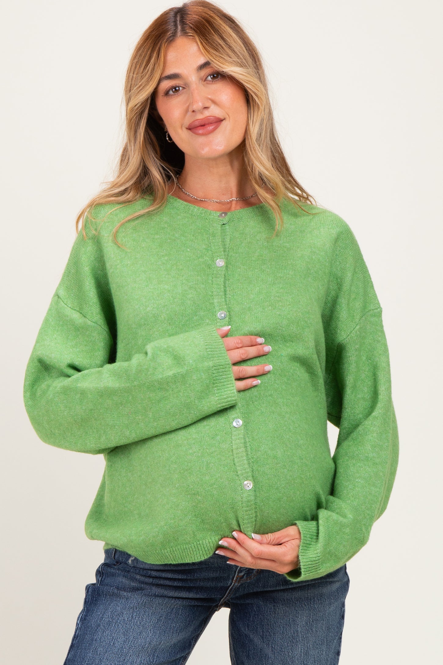 Light Green Long Sleeve Crew Neck Maternity Cardigan