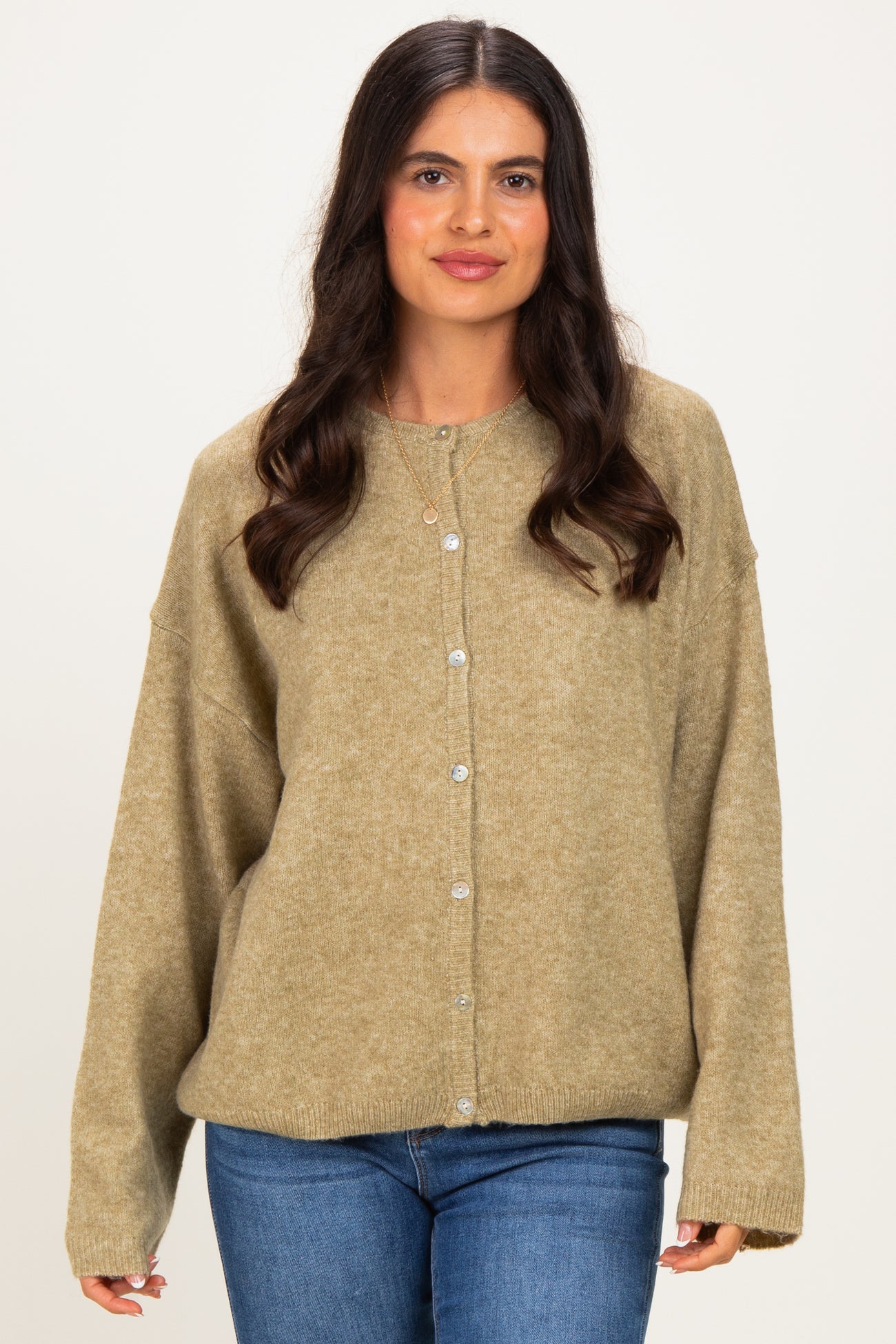 Olive Long Sleeve Crew Neck Cardigan