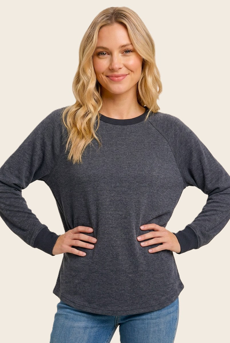 Navy Brushed Knit Long Sleeve Top