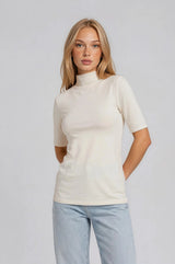 Ivory Funnel Neck Elbow Sleeve Top