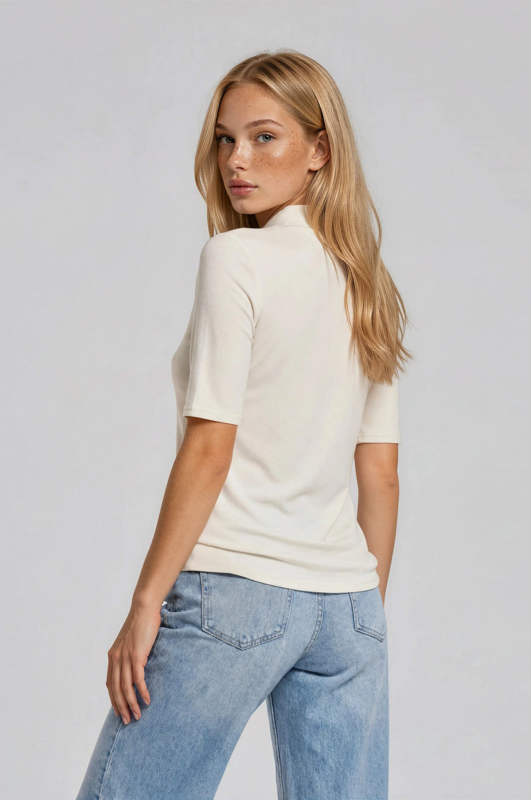 Ivory Funnel Neck Elbow Sleeve Top