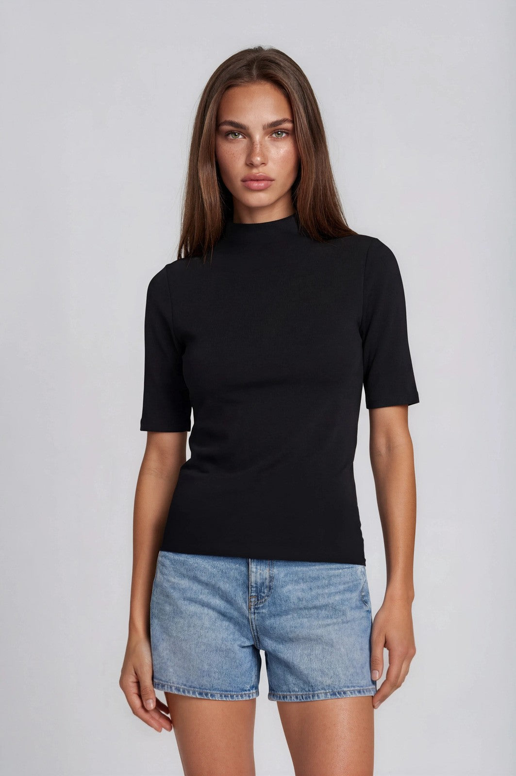 Black Funnel Neck Elbow Sleeve Top