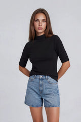 Black Funnel Neck Elbow Sleeve Top