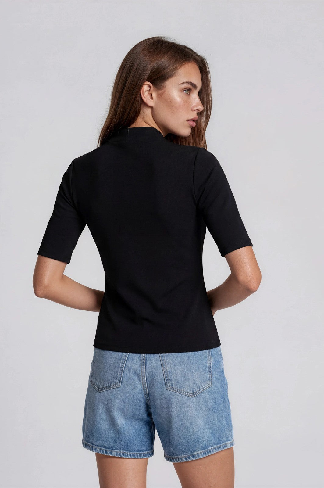 Black Funnel Neck Elbow Sleeve Top