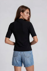 Black Funnel Neck Elbow Sleeve Top