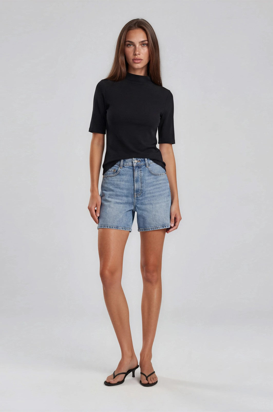 Black Funnel Neck Elbow Sleeve Top