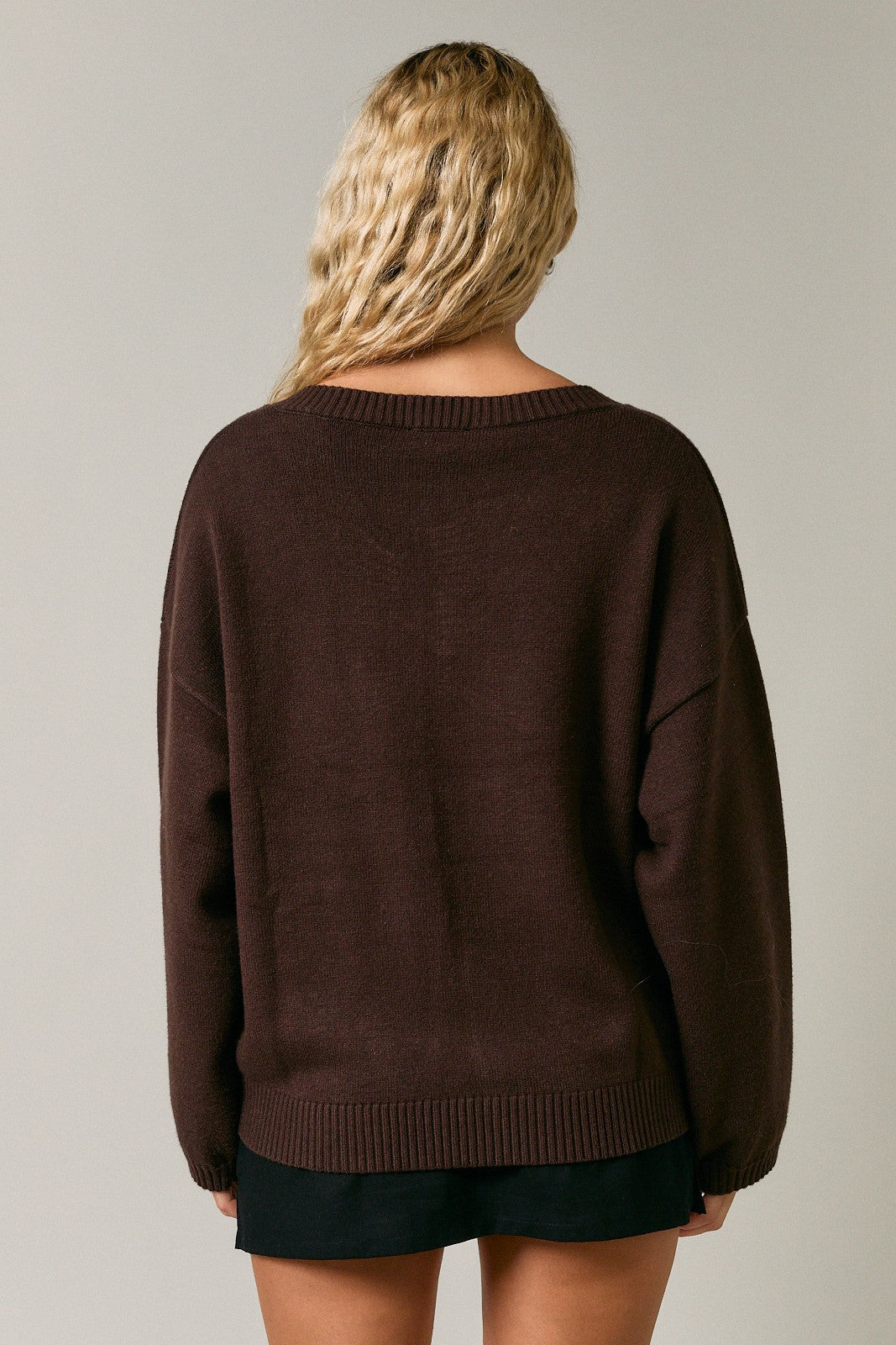Dark Brown V-Neck Drop Shoulder Sweater