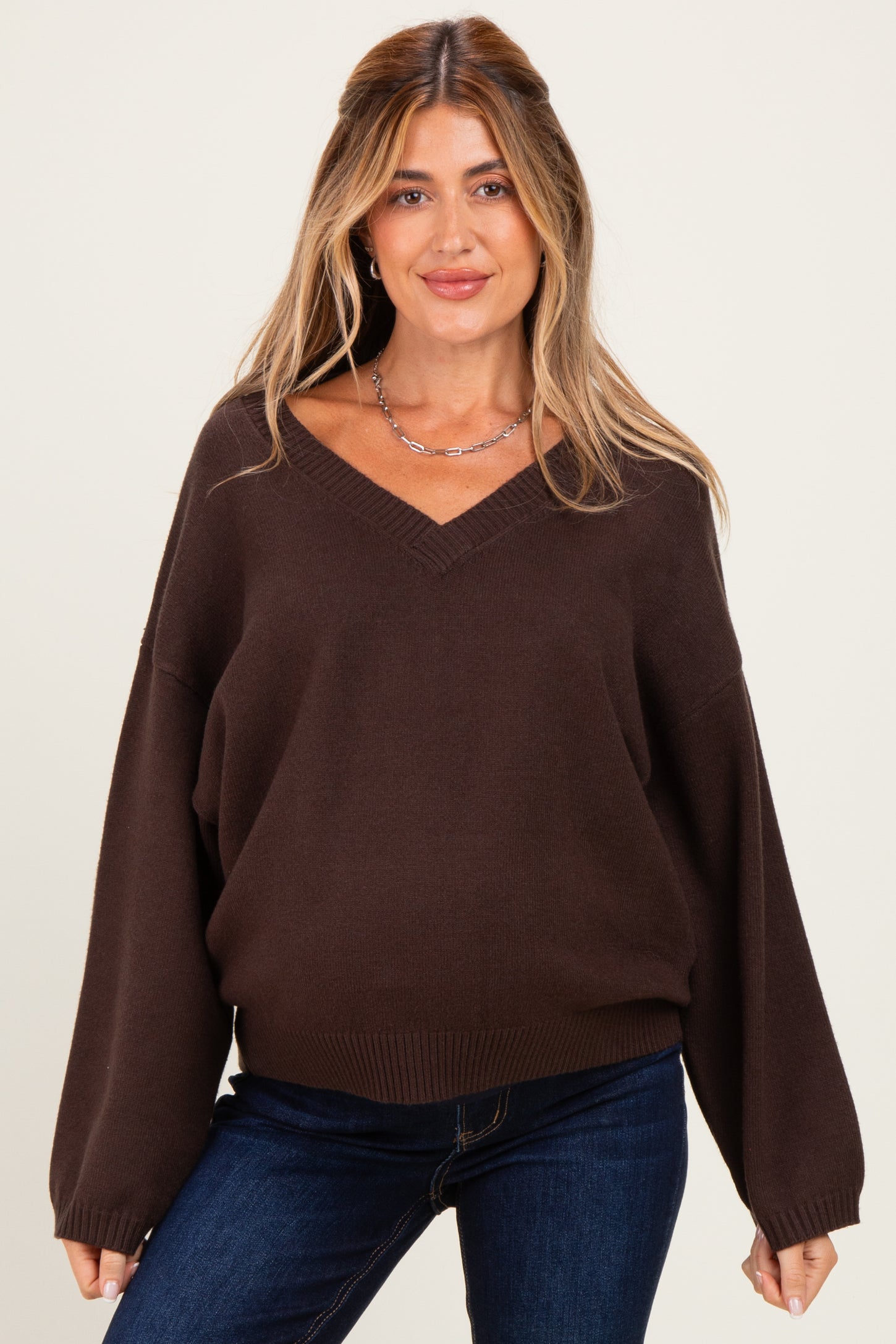 Dark Brown V-Neck Drop Shoulder Maternity Sweater