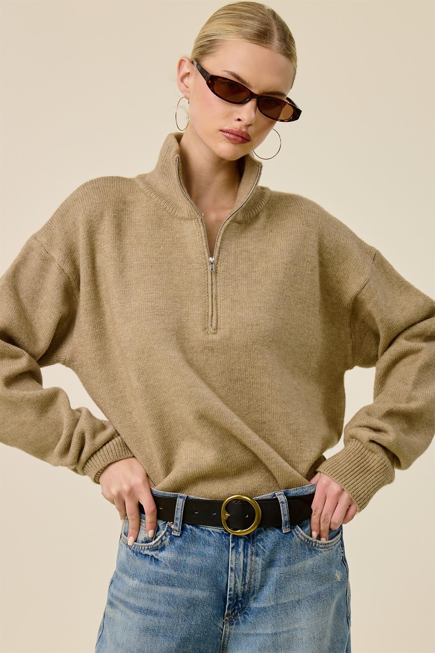 Taupe Half Zip Mock Neck Sweater