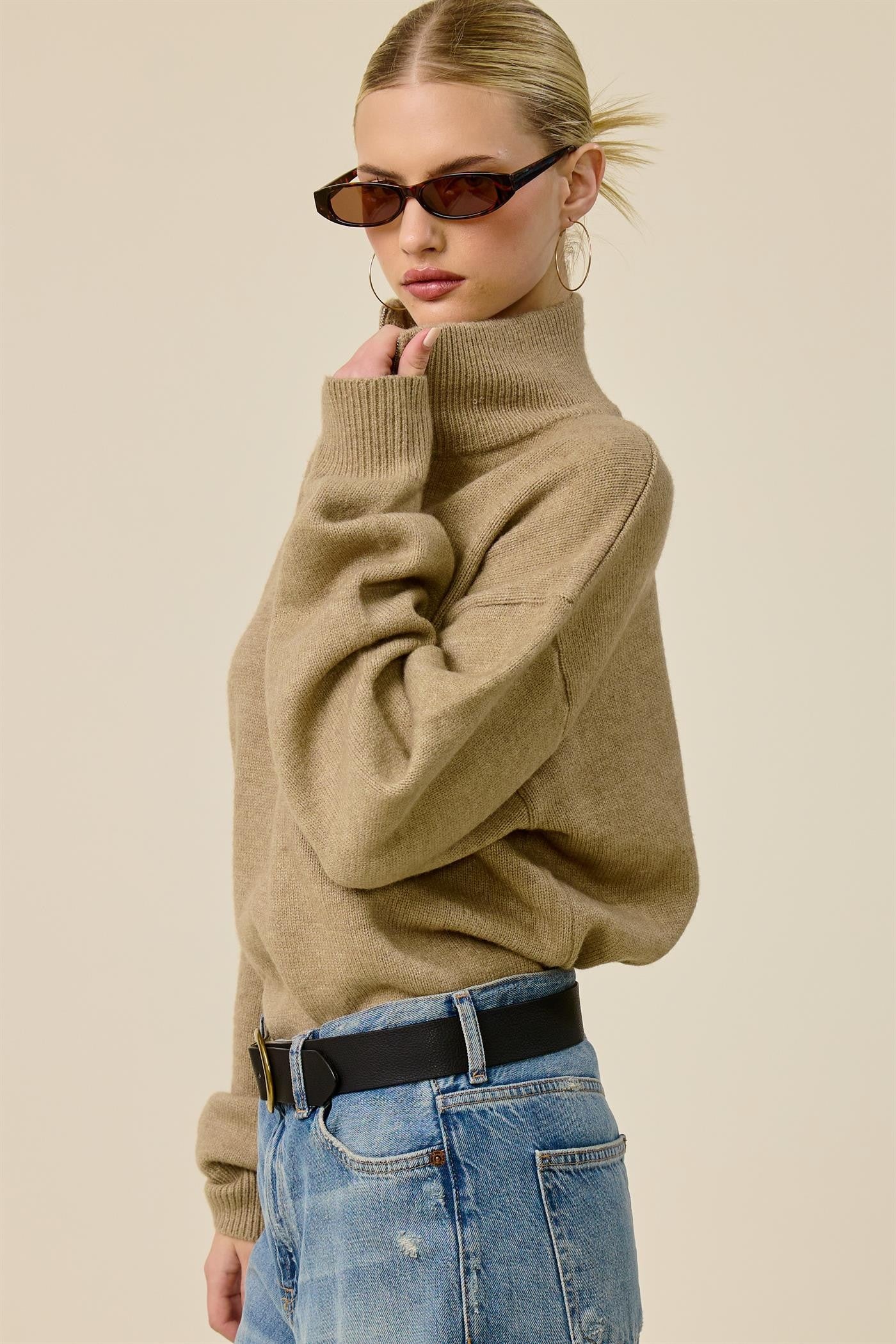 Taupe Half Zip Mock Neck Sweater