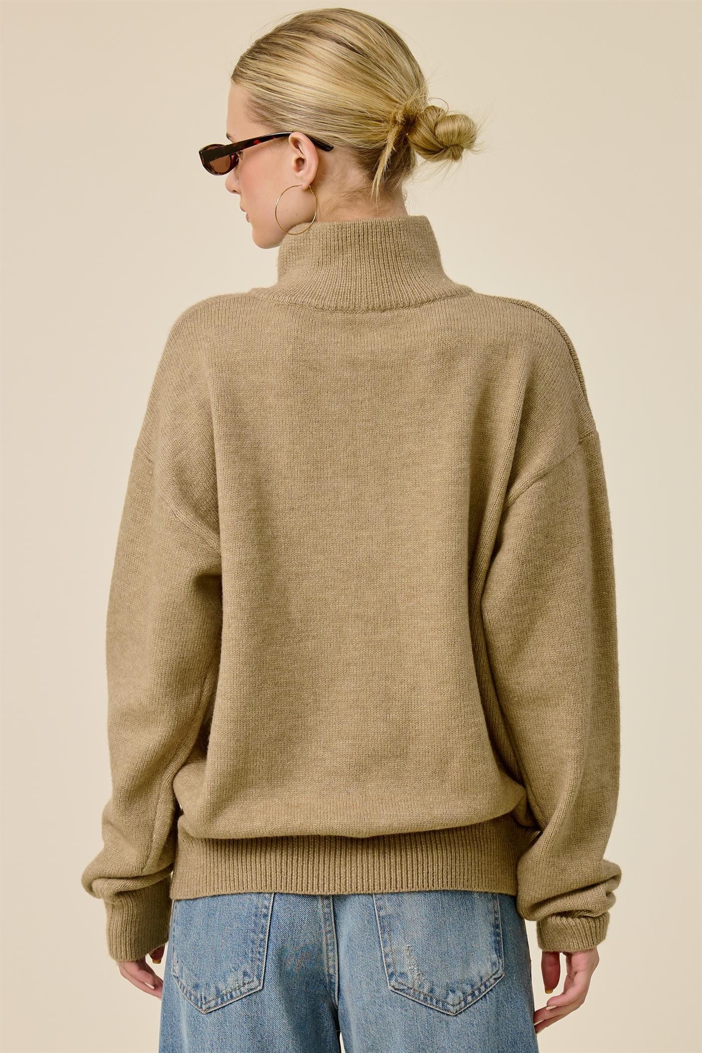 Taupe Half Zip Mock Neck Sweater