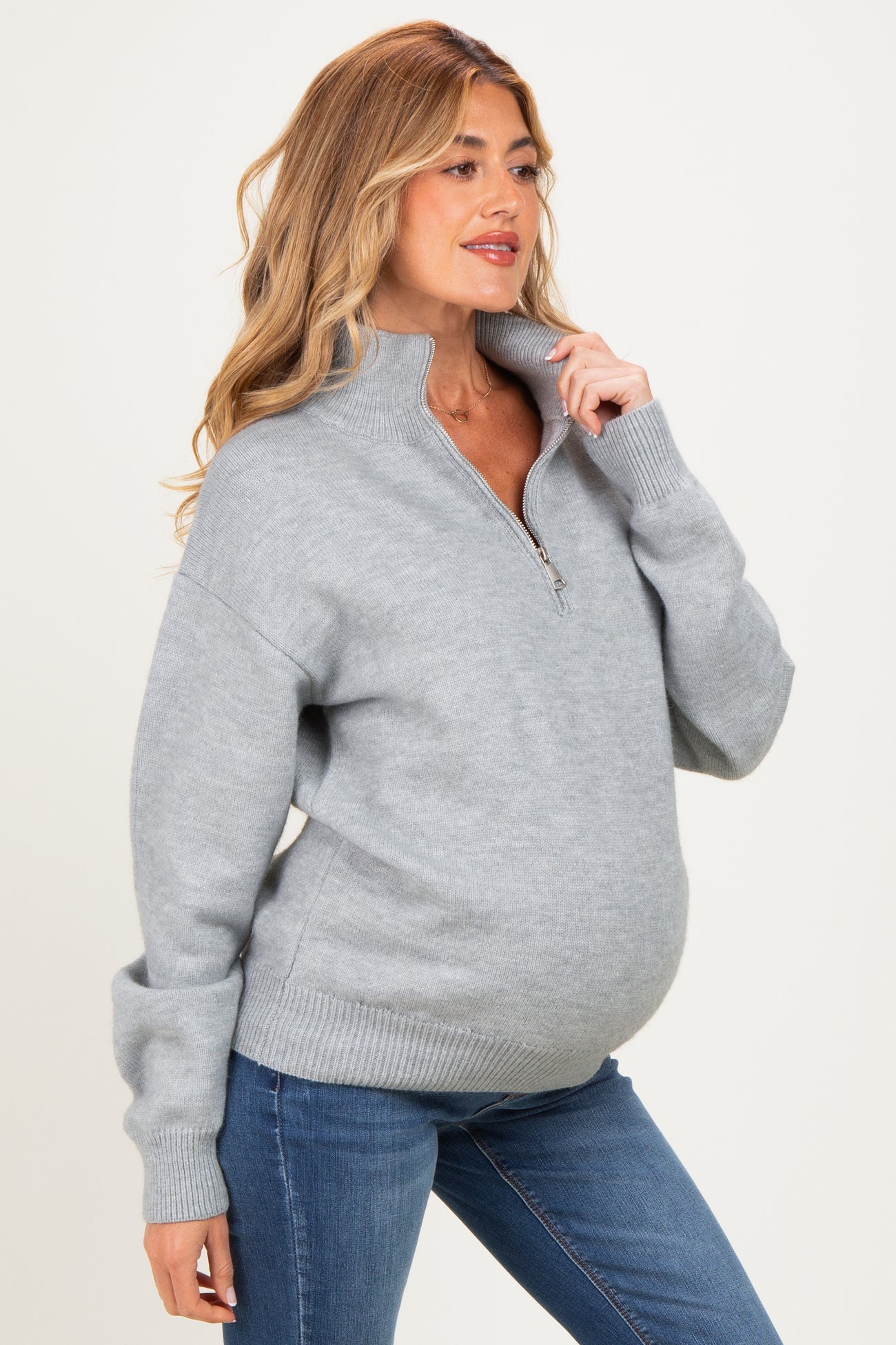 Grey Half Zip Mock Neck Maternity Sweater