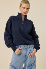 Navy Half Zip Mock Neck Sweater