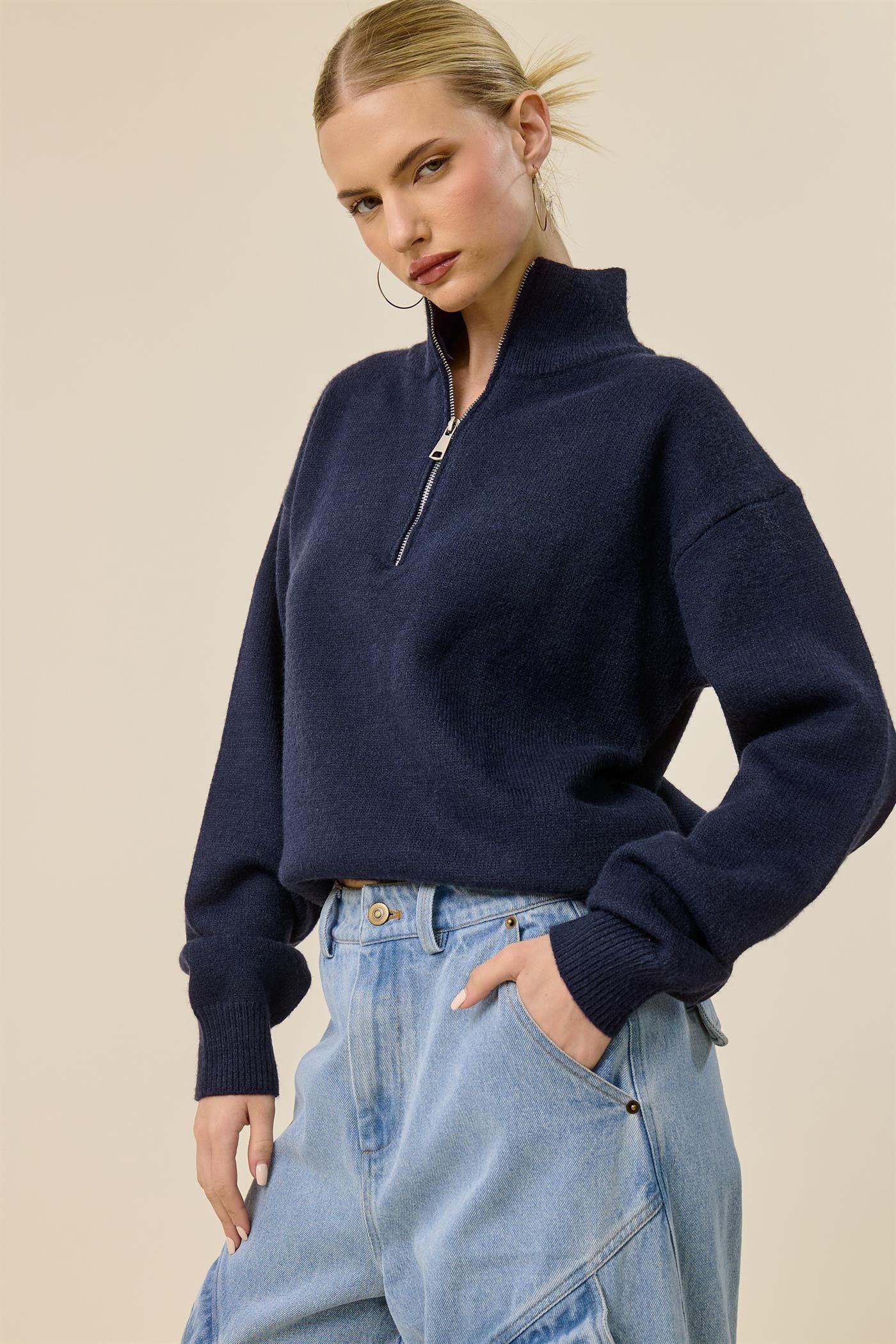 Navy Half Zip Mock Neck Sweater