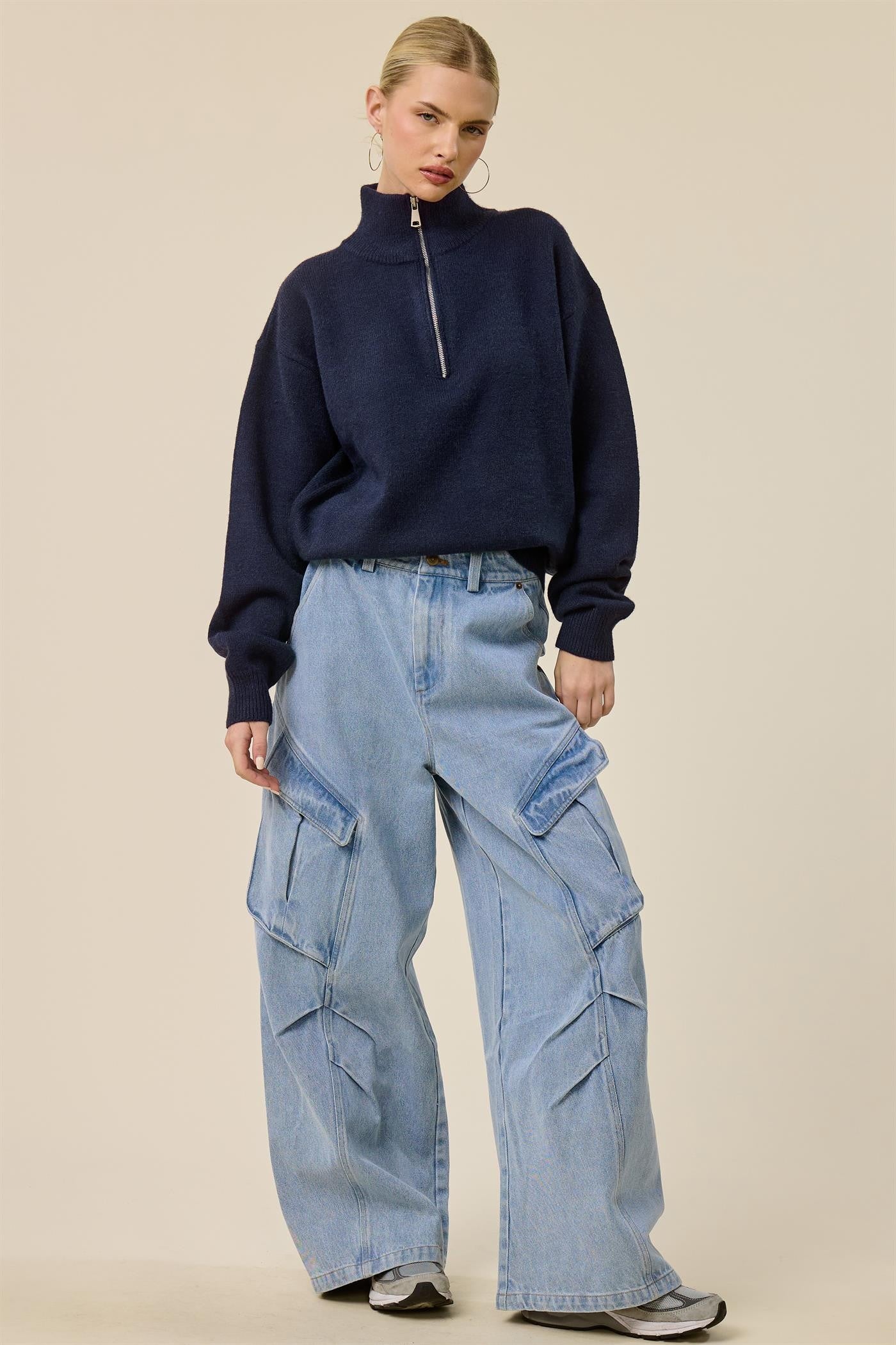 Navy Half Zip Mock Neck Sweater