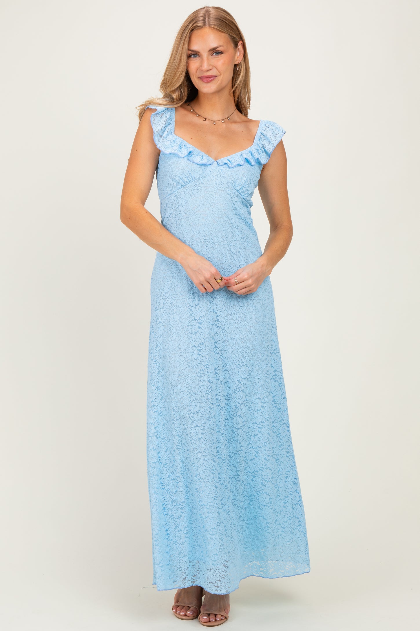 Light Blue Textured Short Sleeve Sweetheart Maternity Maxi Dress