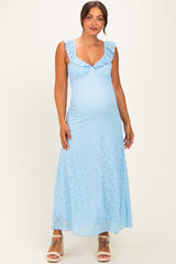 Light Blue Textured Short Sleeve Sweetheart Maternity Maxi Dress