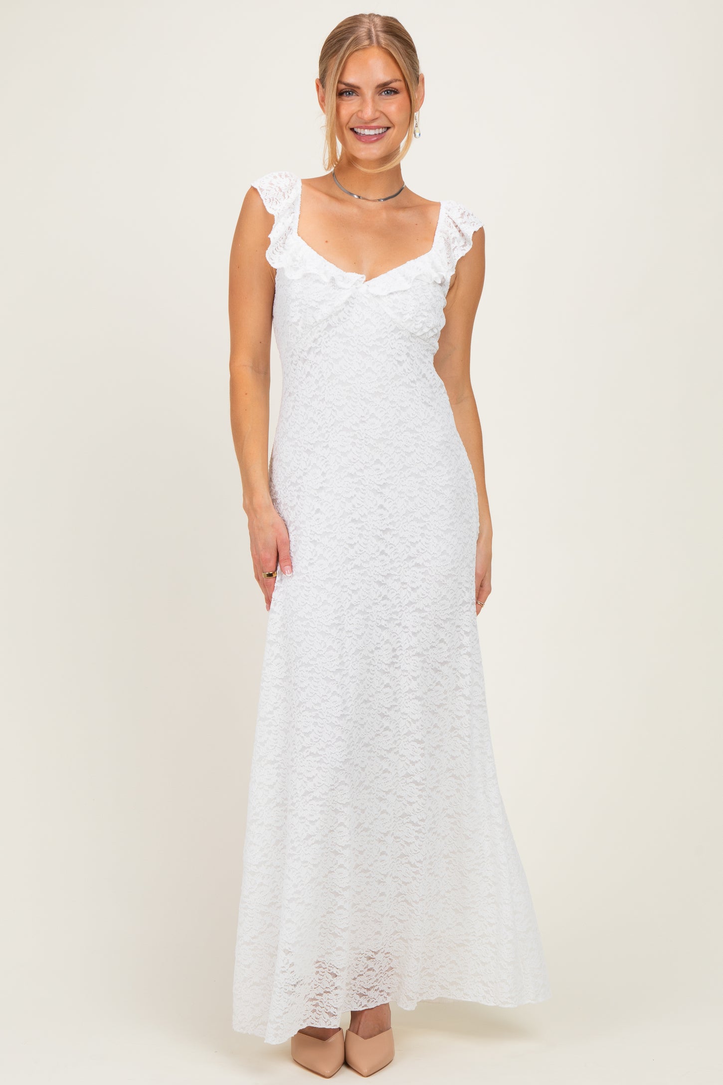 Ivory Textured Short Sleeve Sweetheart Maxi Dress