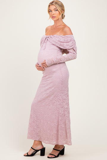 Light Pink Lace Off Shoulder Long Sleeve Maternity Maxi Dress