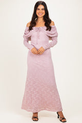 Light Pink Lace Off Shoulder Long Sleeve Maxi Dress