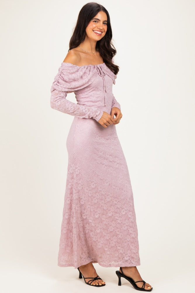 Light Pink Lace Off Shoulder Long Sleeve Maxi Dress