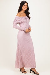Light Pink Lace Off Shoulder Long Sleeve Maxi Dress