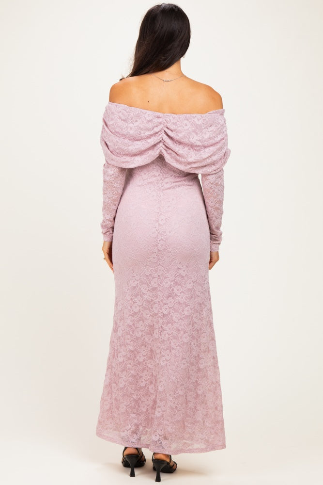 Light Pink Lace Off Shoulder Long Sleeve Maxi Dress