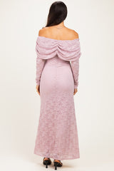 Light Pink Lace Off Shoulder Long Sleeve Maxi Dress