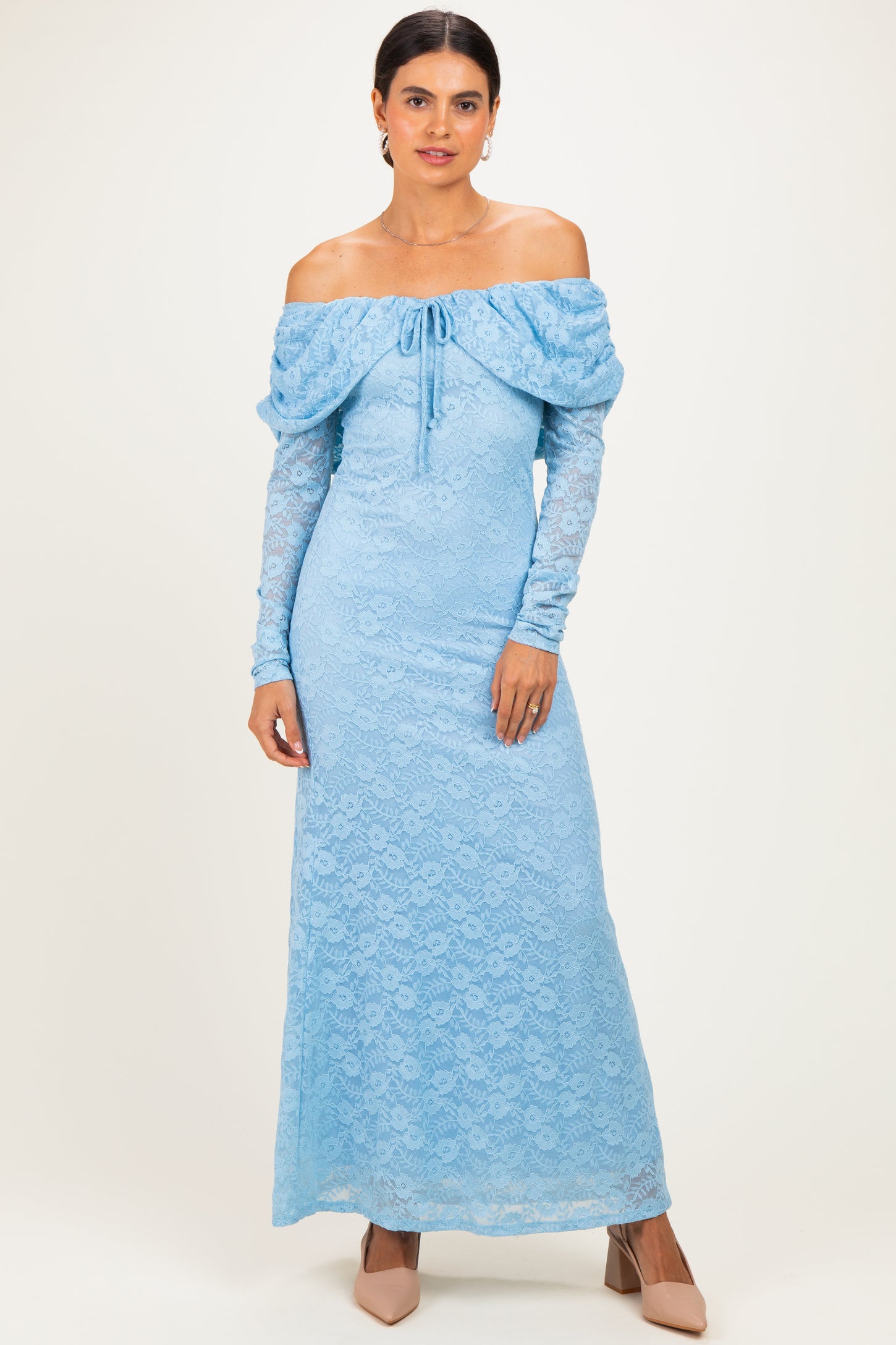 Light Blue Lace Off Shoulder Long Sleeve Maxi Dress