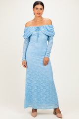 Light Blue Lace Off Shoulder Long Sleeve Maxi Dress