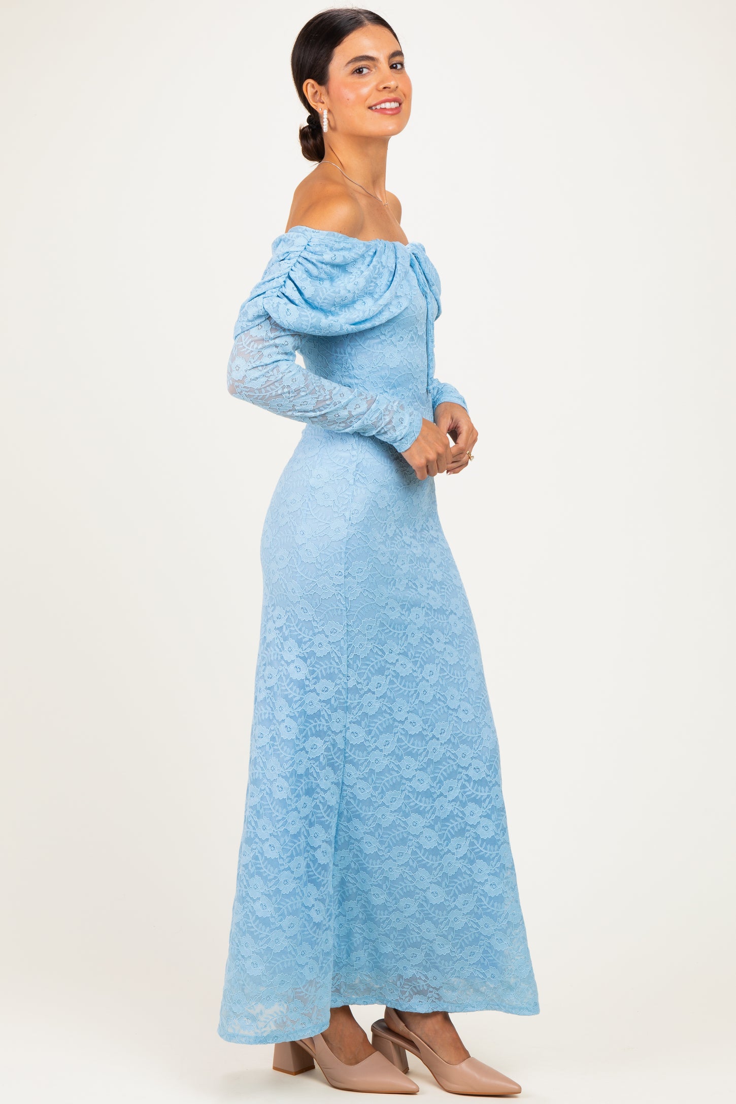Light Blue Lace Off Shoulder Long Sleeve Maxi Dress