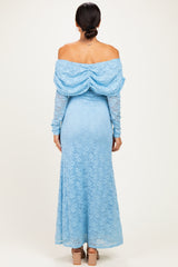 Light Blue Lace Off Shoulder Long Sleeve Maxi Dress