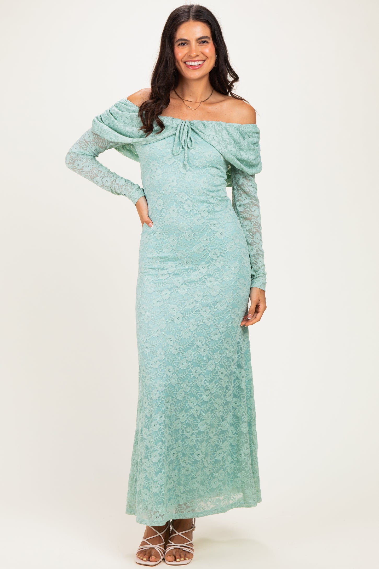Seafoam Lace Off Shoulder Long Sleeve Maternity Maxi Dress