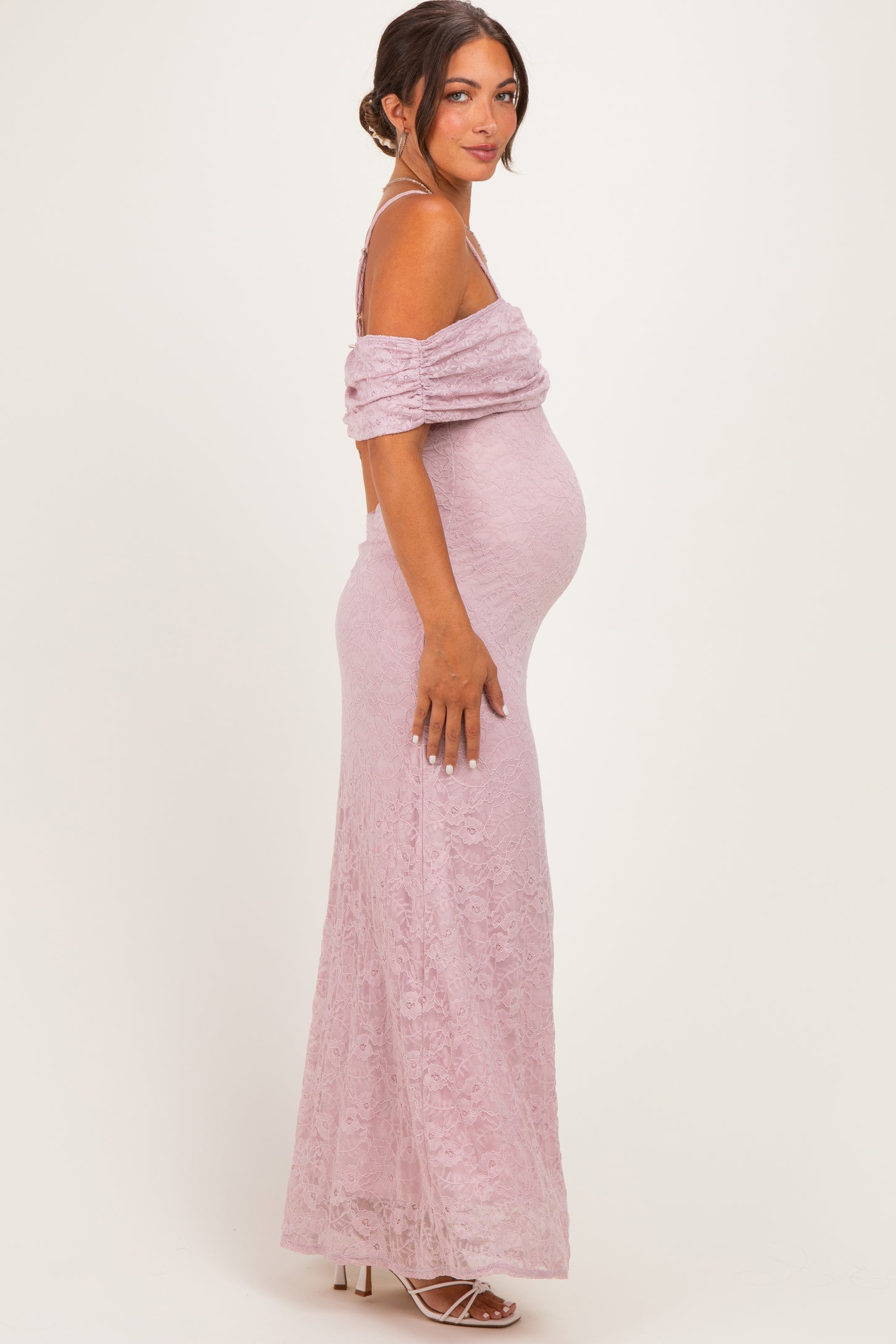 Light Pink Lace Off Shoulder Maternity Maxi Dress