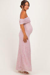 Light Pink Lace Off Shoulder Maternity Maxi Dress