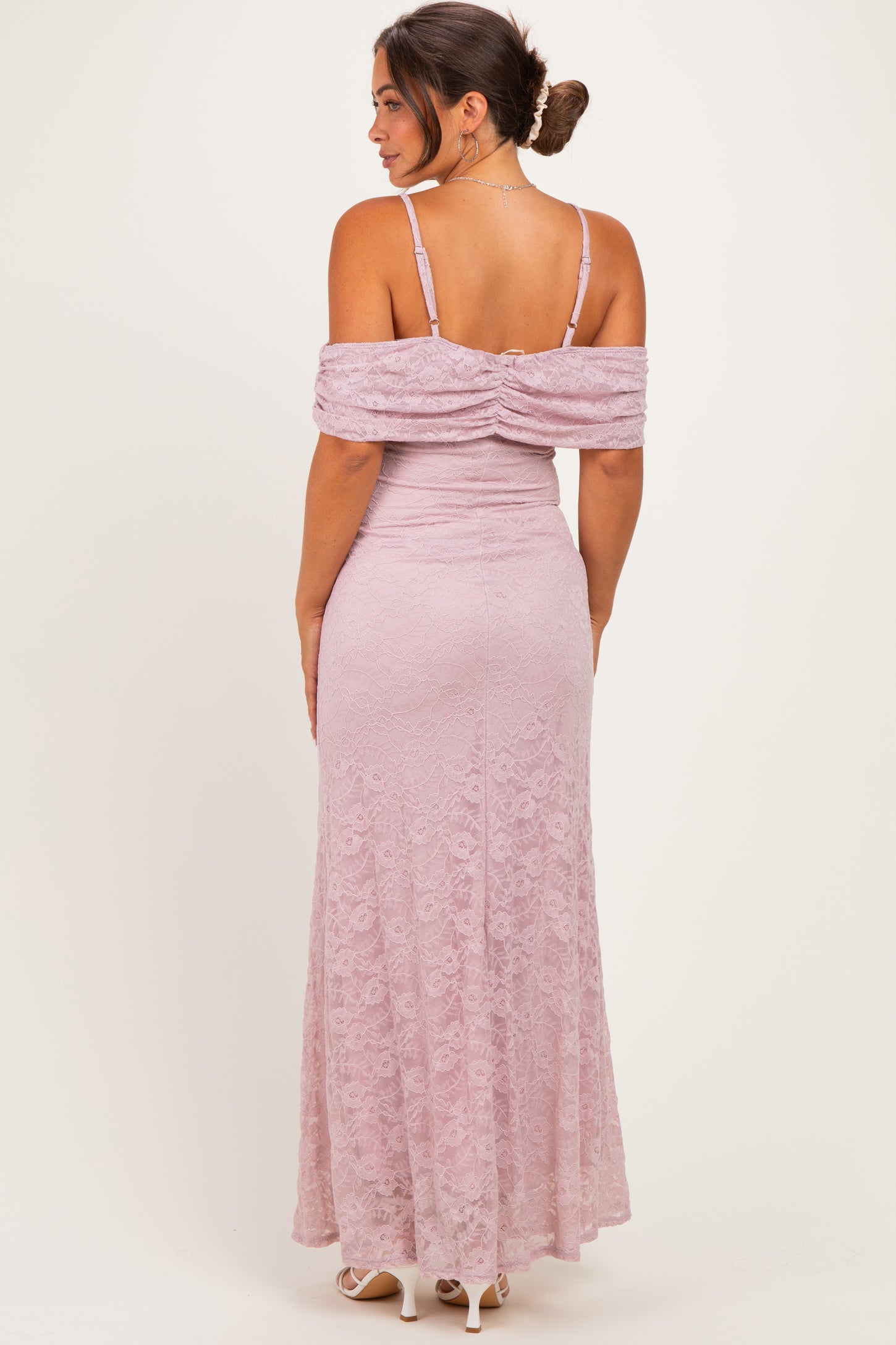 Light Pink Lace Off Shoulder Maternity Maxi Dress