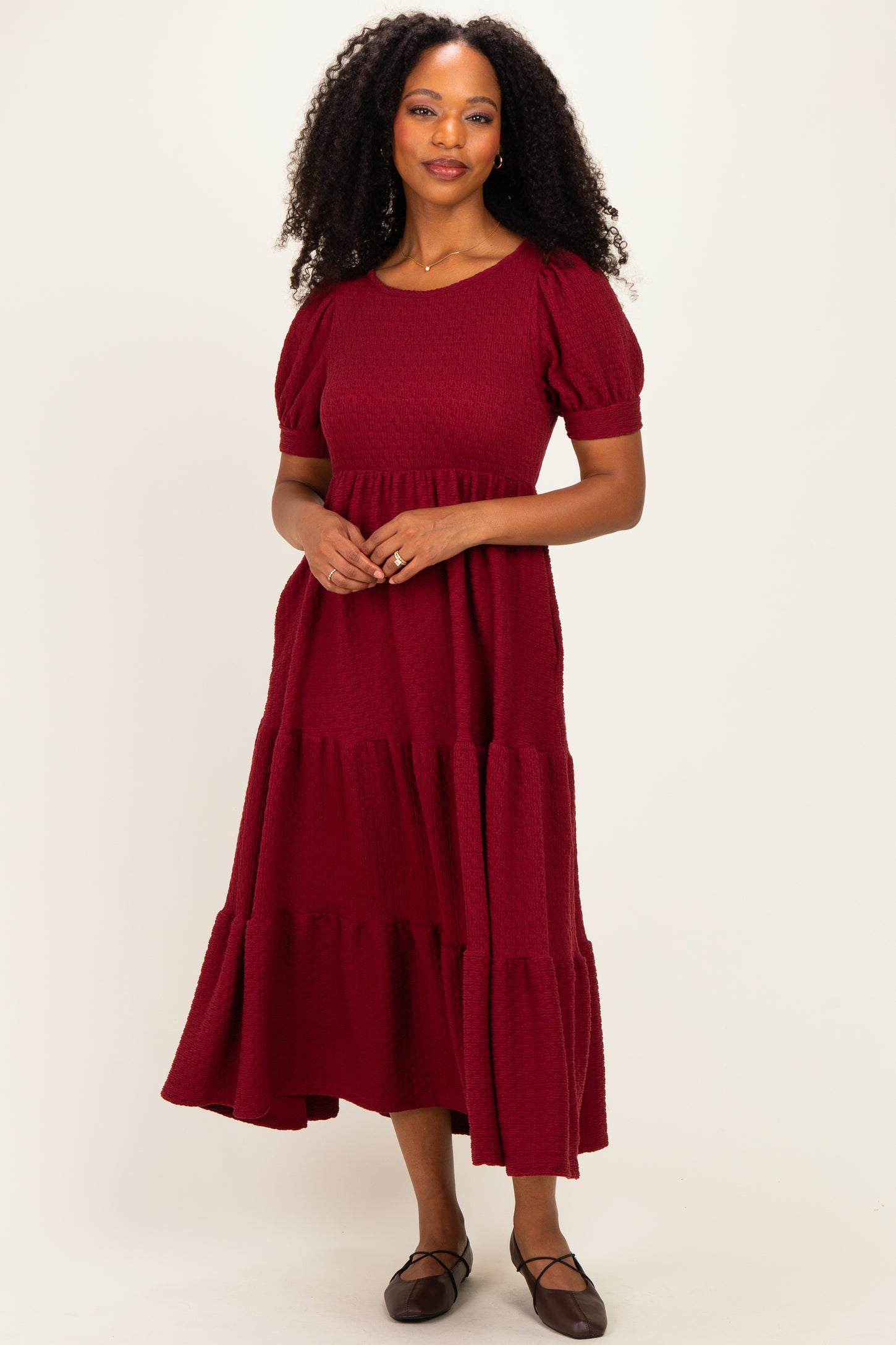 Burgundy Solid Short Sleeve Tiered Maternity Maxi Dress