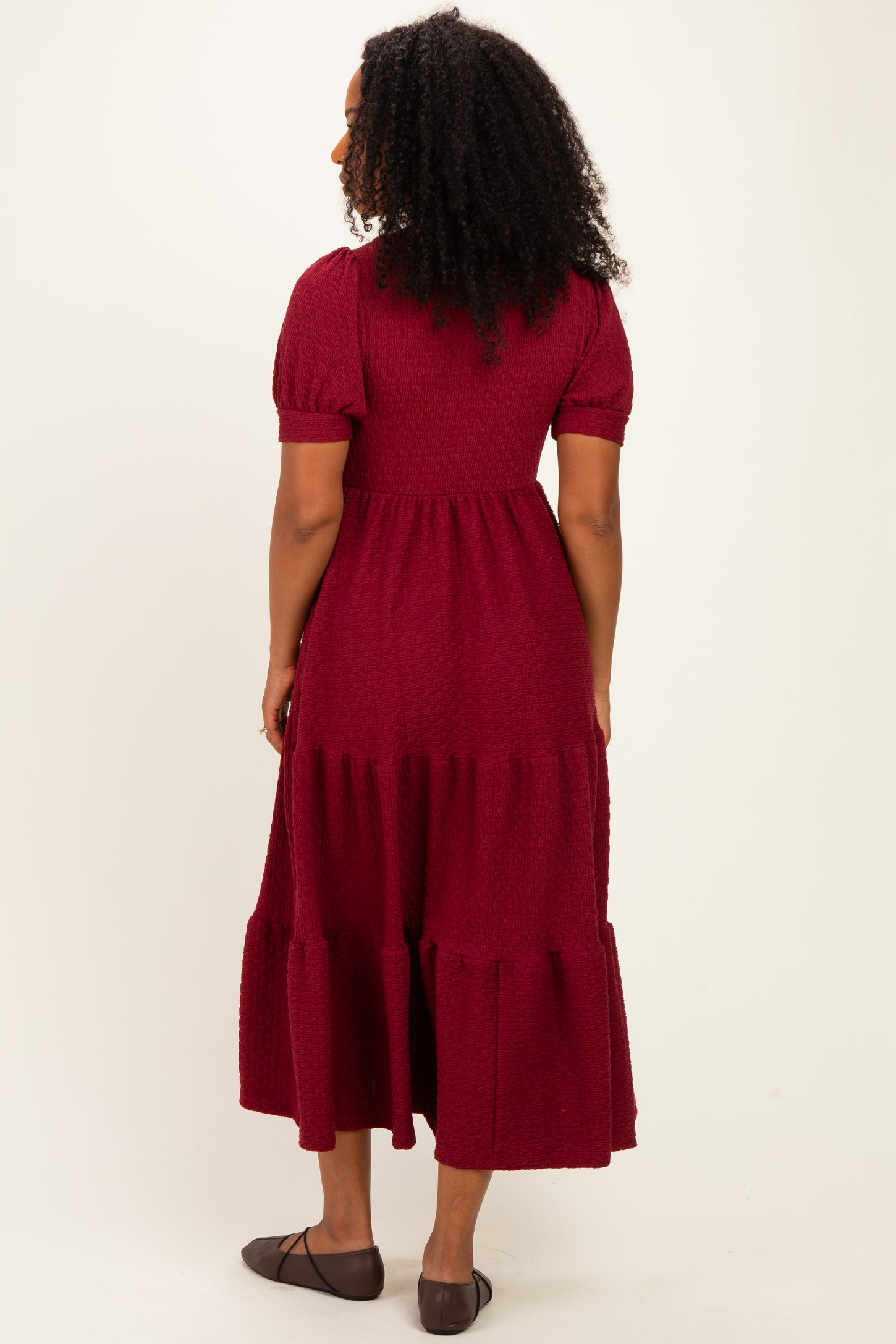 Burgundy Solid Short Sleeve Tiered Maternity Maxi Dress