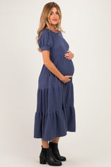 Blue Solid Short Sleeve Tiered Maternity Maxi Dress