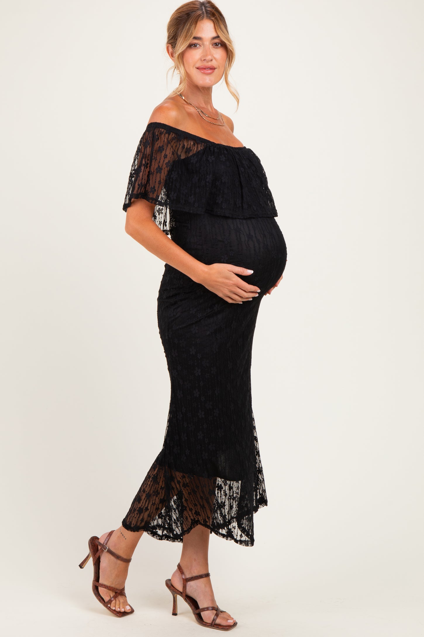Black Off Shoulder Lace Maternity Maxi Dress