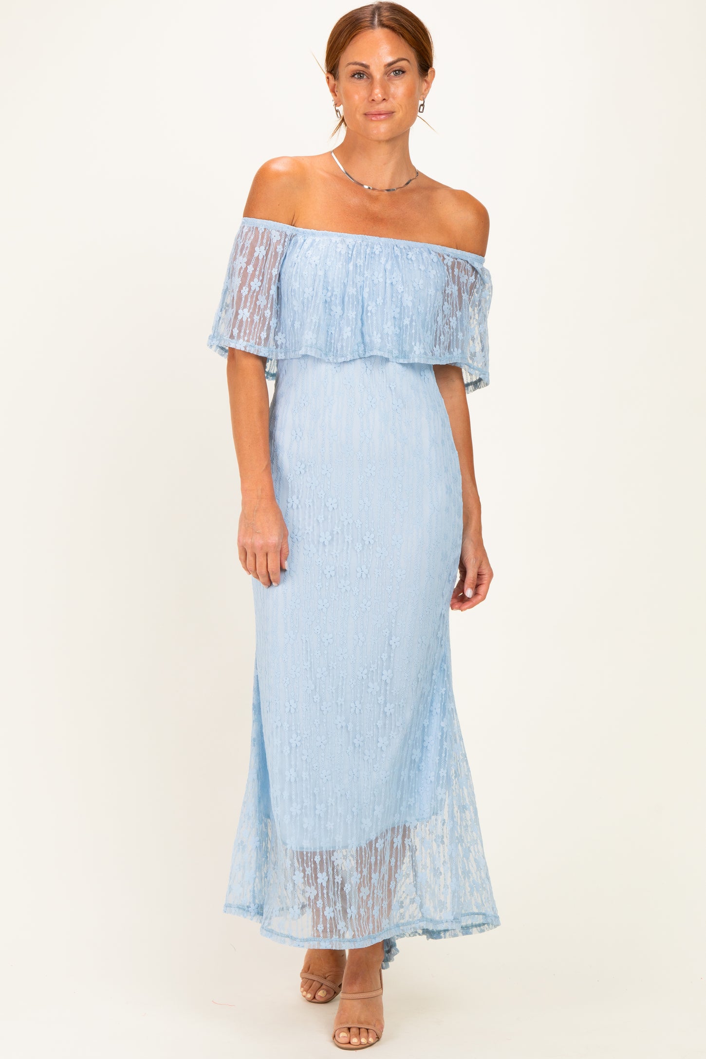 Light Blue Off Shoulder Lace Maxi Dress