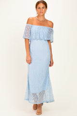 Light Blue Off Shoulder Lace Maxi Dress