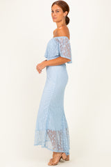Light Blue Off Shoulder Lace Maxi Dress