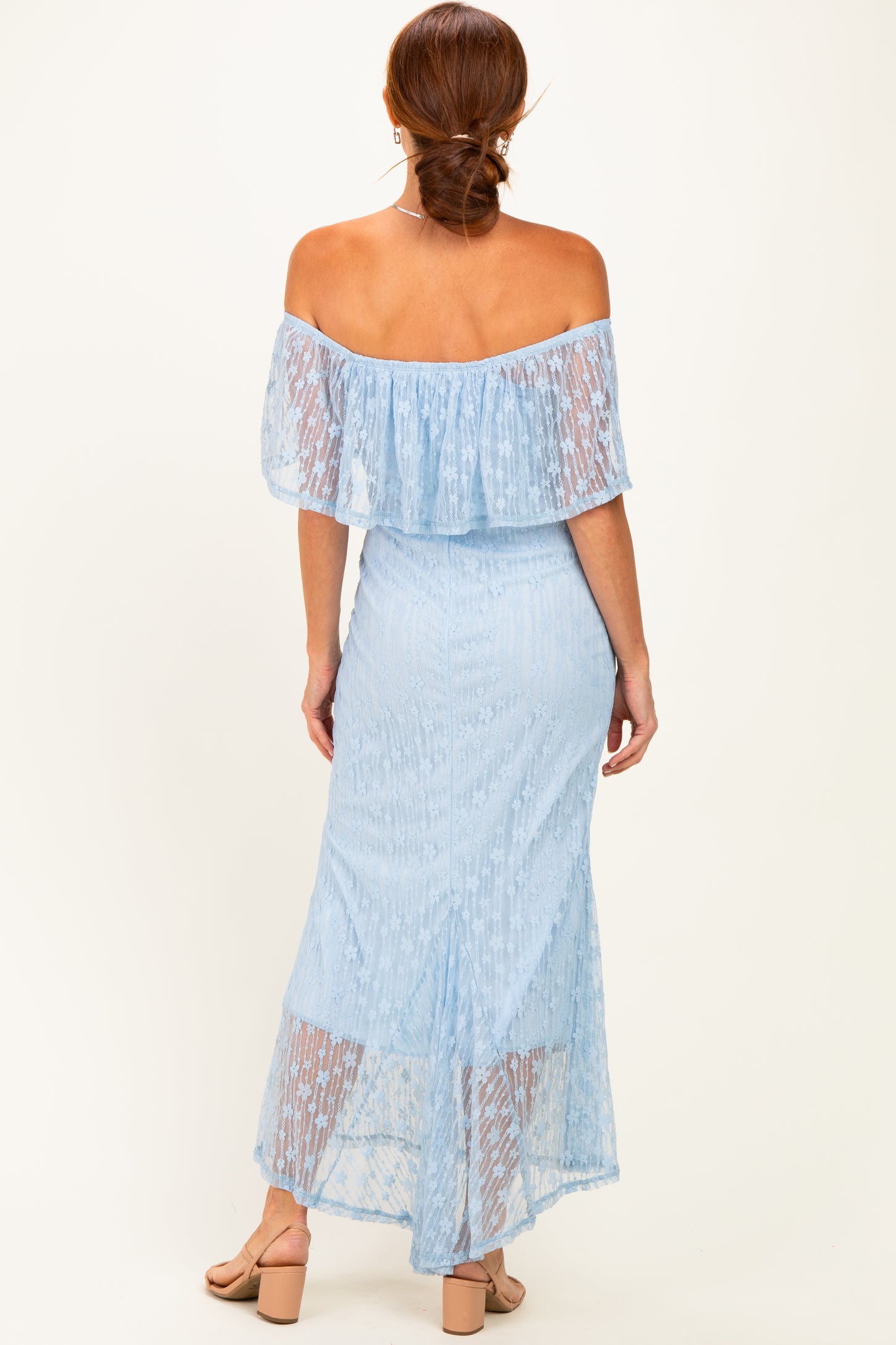 Light Blue Off Shoulder Lace Maxi Dress