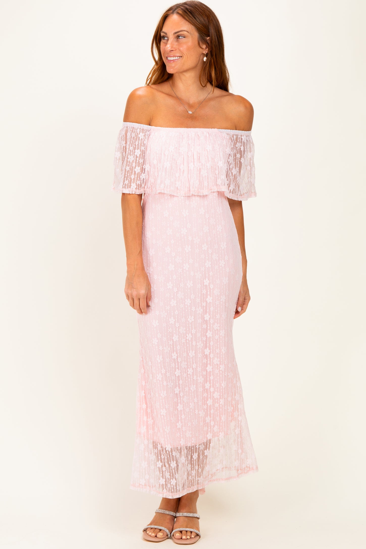 Light Pink Off Shoulder Lace Maxi Dress