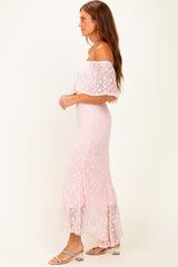 Light Pink Off Shoulder Lace Maxi Dress