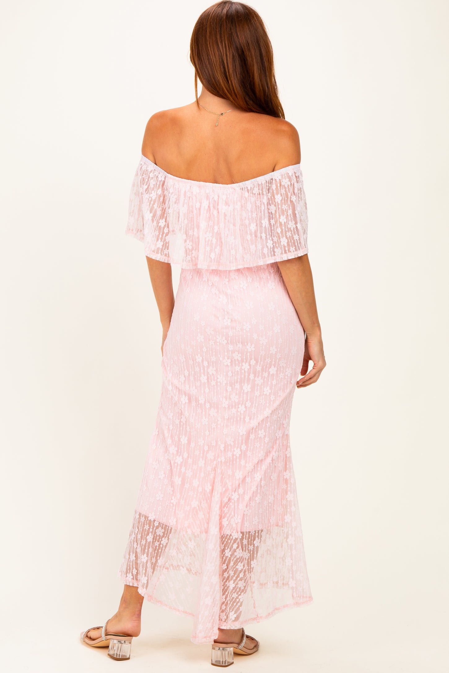 Light Pink Off Shoulder Lace Maxi Dress