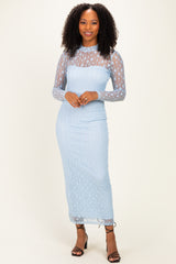 Light Blue Lace Mock Neck Long Sleeve Maternity Maxi Dress